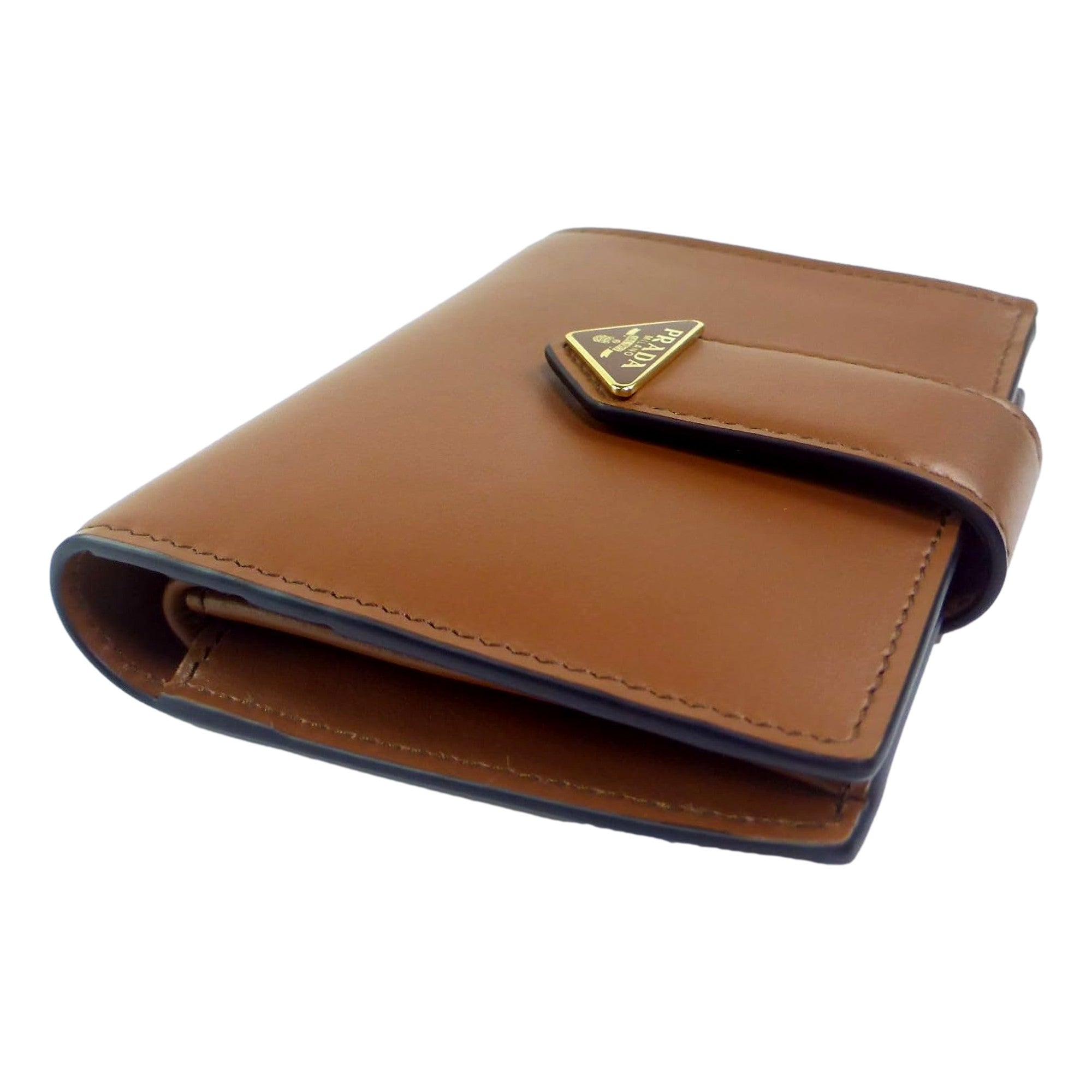 Prada City Calf Leather Snap Bifold Wallet Cognac Brown available at Queen Bee of Beverly Hills