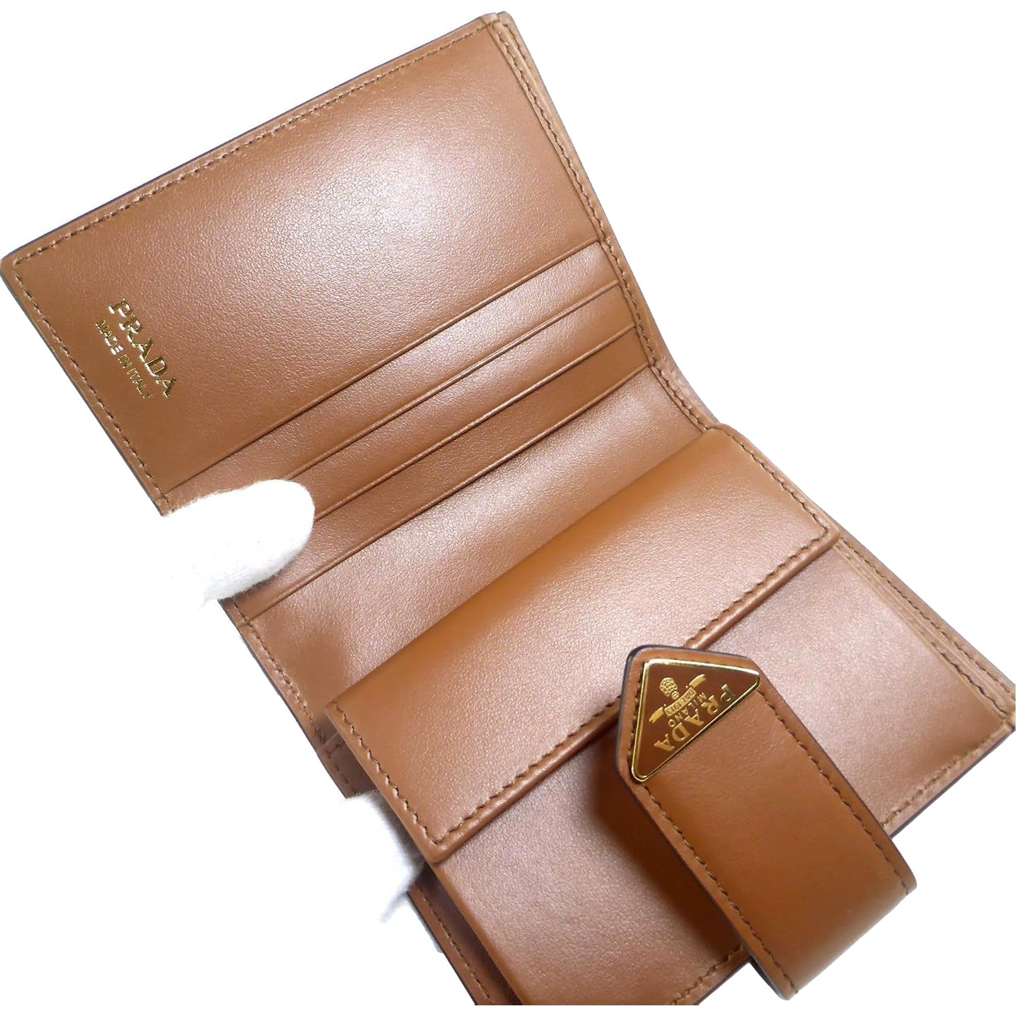 Prada City Calf Leather Snap Bifold Wallet Cognac Brown available at Queen Bee of Beverly Hills