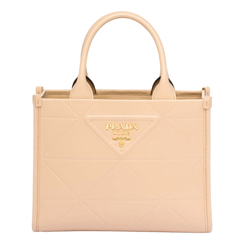 Prada Symbole Soft Calfskin Leather Sand Beige Triangle Quilted Tote Bag