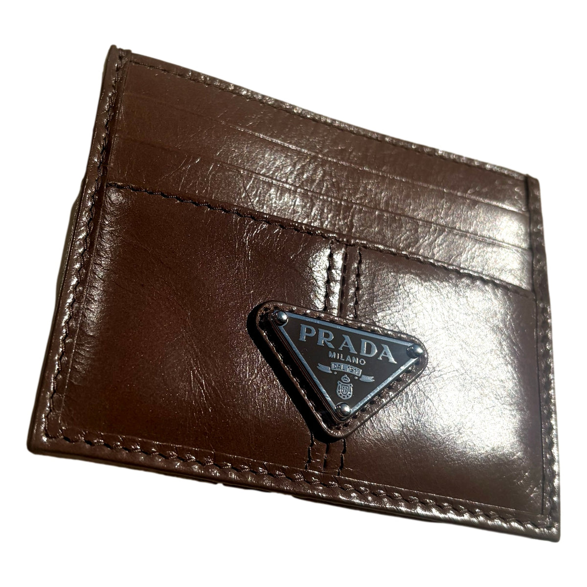 Prada Soft Lux Leather Triangle Logo Card Holder Wallet Argilla Gray sold at Queen Bee of Beverly Hills
