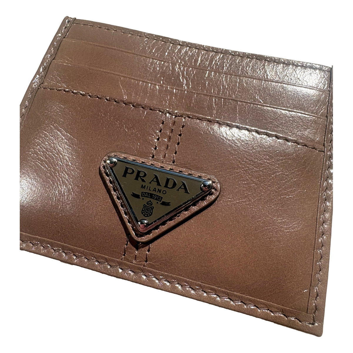 Prada Soft Lux Leather Triangle Logo Card Holder Wallet Argilla Gray sold at Queen Bee of Beverly Hills