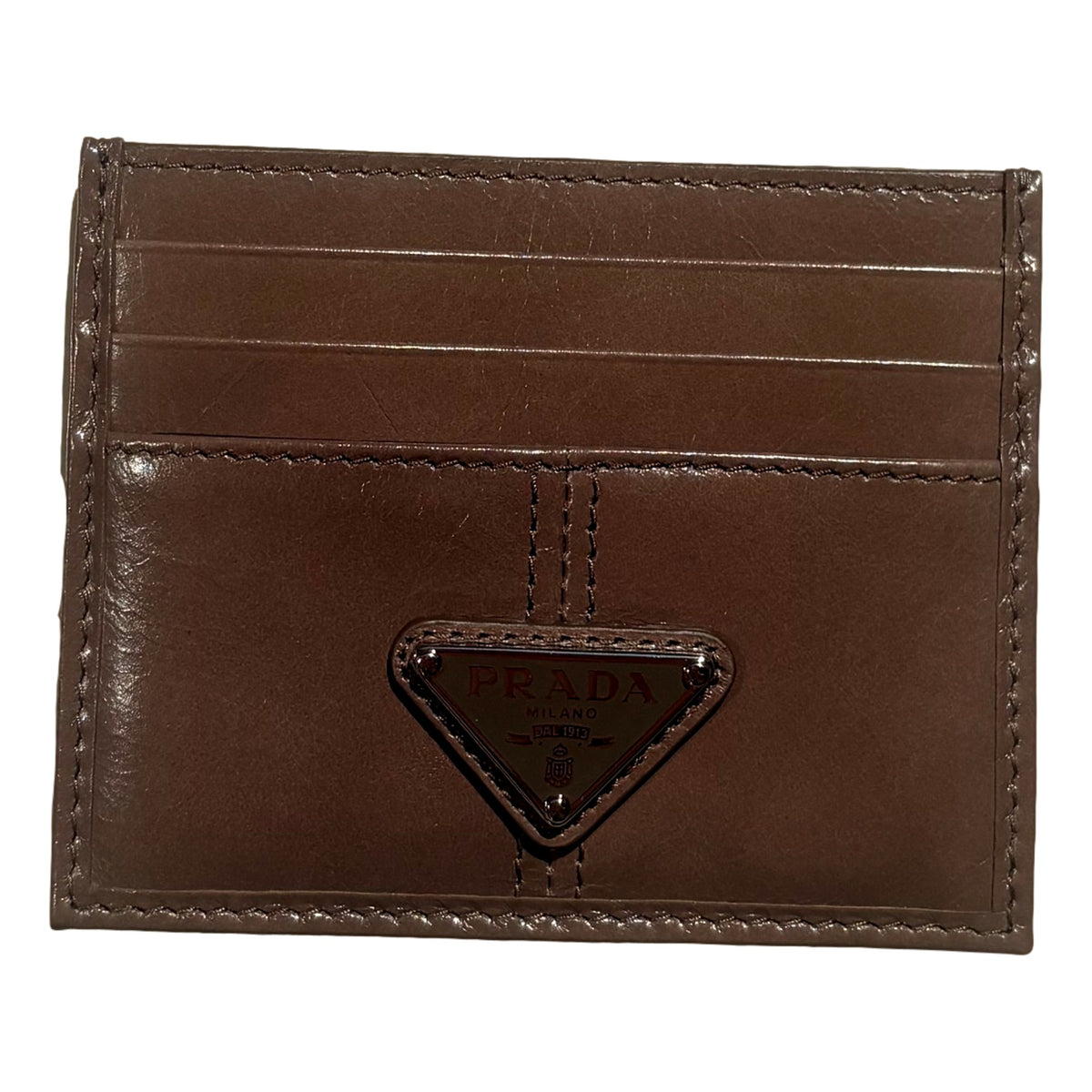 Prada Soft Lux Leather Triangle Logo Card Holder Wallet Argilla Gray sold at Queen Bee of Beverly Hills