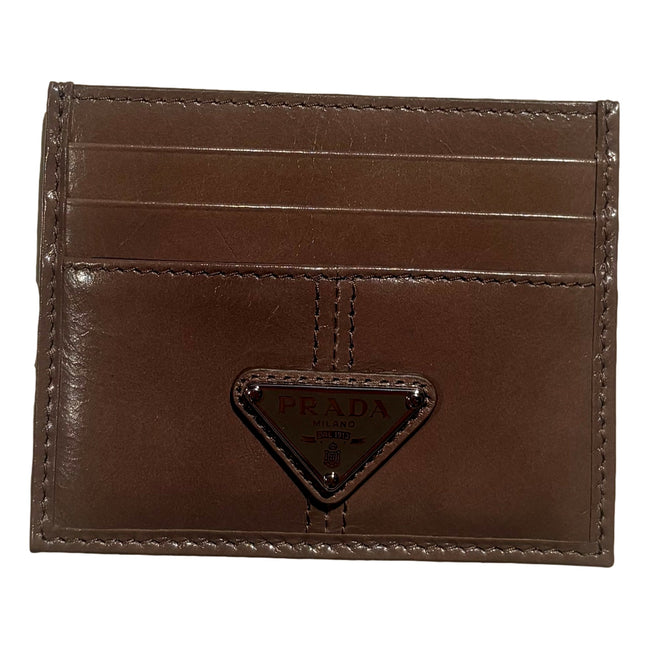 Prada Soft Lux Leather Triangle Logo Card Holder Wallet Argilla Gray sold at Queen Bee of Beverly Hills