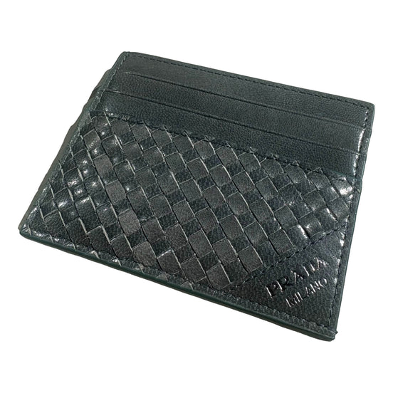 Prada Woven Leather Card Case Wallet Marine Blue sold at Queen Bee of Beverly Hills