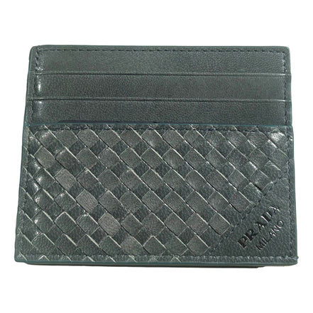 Prada Woven Leather Card Case Wallet Marine Blue sold at Queen Bee of Beverly Hills