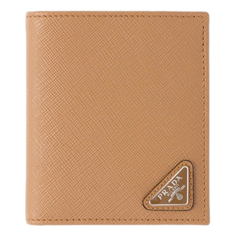 Prada Caramel Saffiano Leather Silver Triangle Logo Bifold Card Holder Wallet