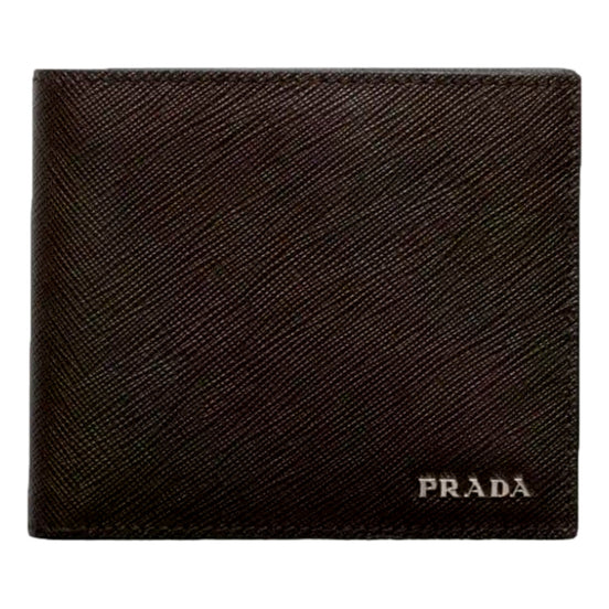 Prada Saffiano Leather Bifold Wallet Brown Navy available at Queen Bee of Beverly Hills