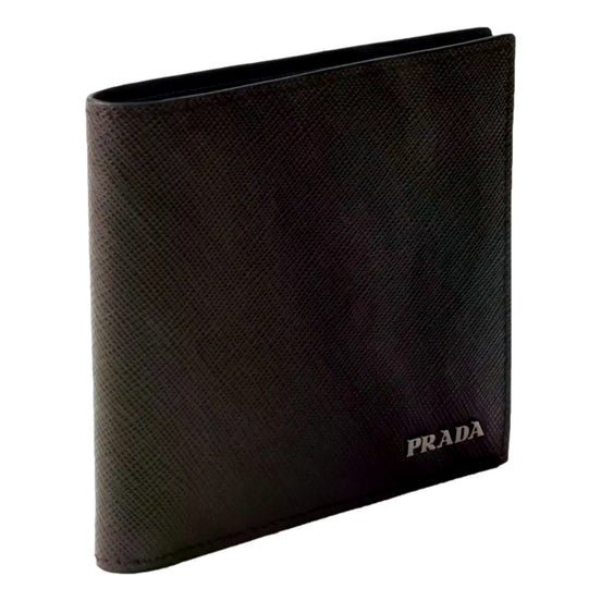 Prada Saffiano Leather Bifold Wallet Brown Navy available at Queen Bee of Beverly Hills