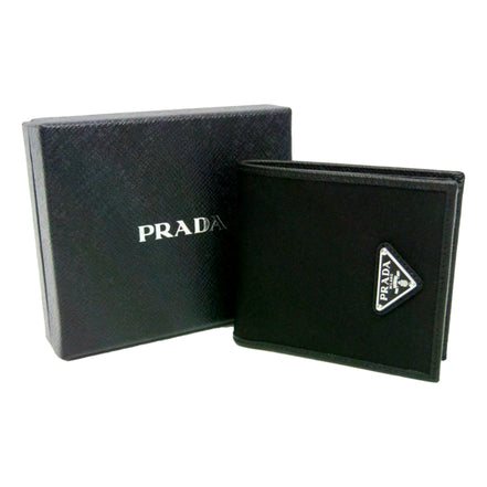 Prada Tessuto Nylon Saffiano Leather Bifold Wallet with Snap Coin Pouch available at Queen Bee of Beverly Hills