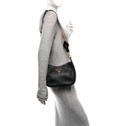 Prada Vitello Phenix Zippered Messenger Hobo Black Leather Shoulder Bag