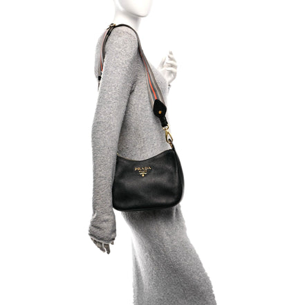 Prada Vitello Phenix Zippered Messenger Hobo Black Leather Shoulder Bag