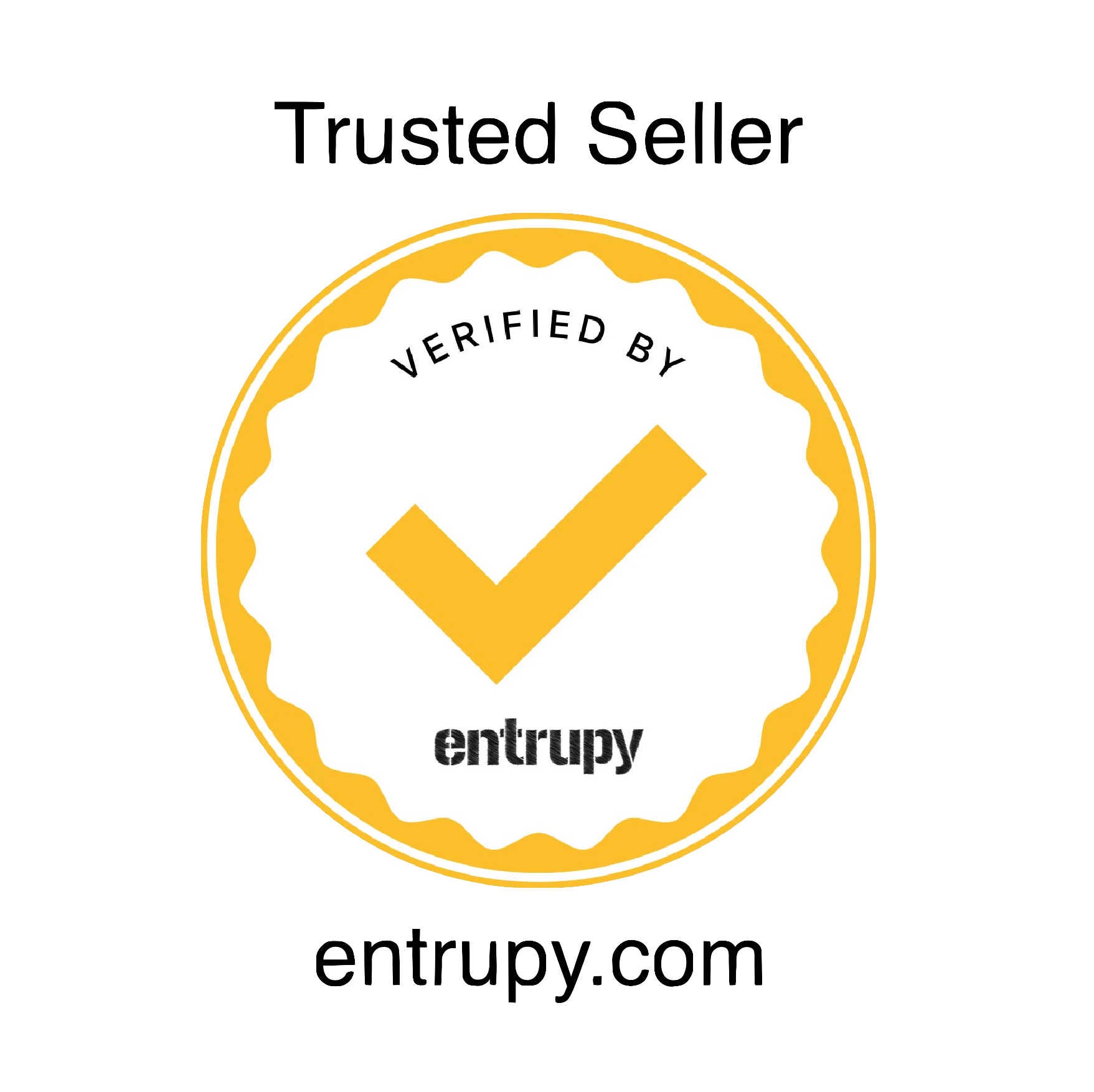 Entrupy Trusted Seller badge with a yellow check mark on a transprent background, verifying Queen Bee of Beverly Hills as a Entrupy Trusted Designer Handbag and Accessory Seller