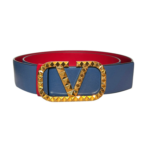 Valentino Garavani VLogo Stud Reversible Belt Size 95 Gray Red Leather
