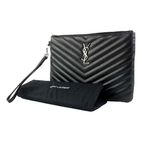 Saint Laurent YSL Black Calfskin Matelasse Chevron Monogram A5 Wristlet Clutch