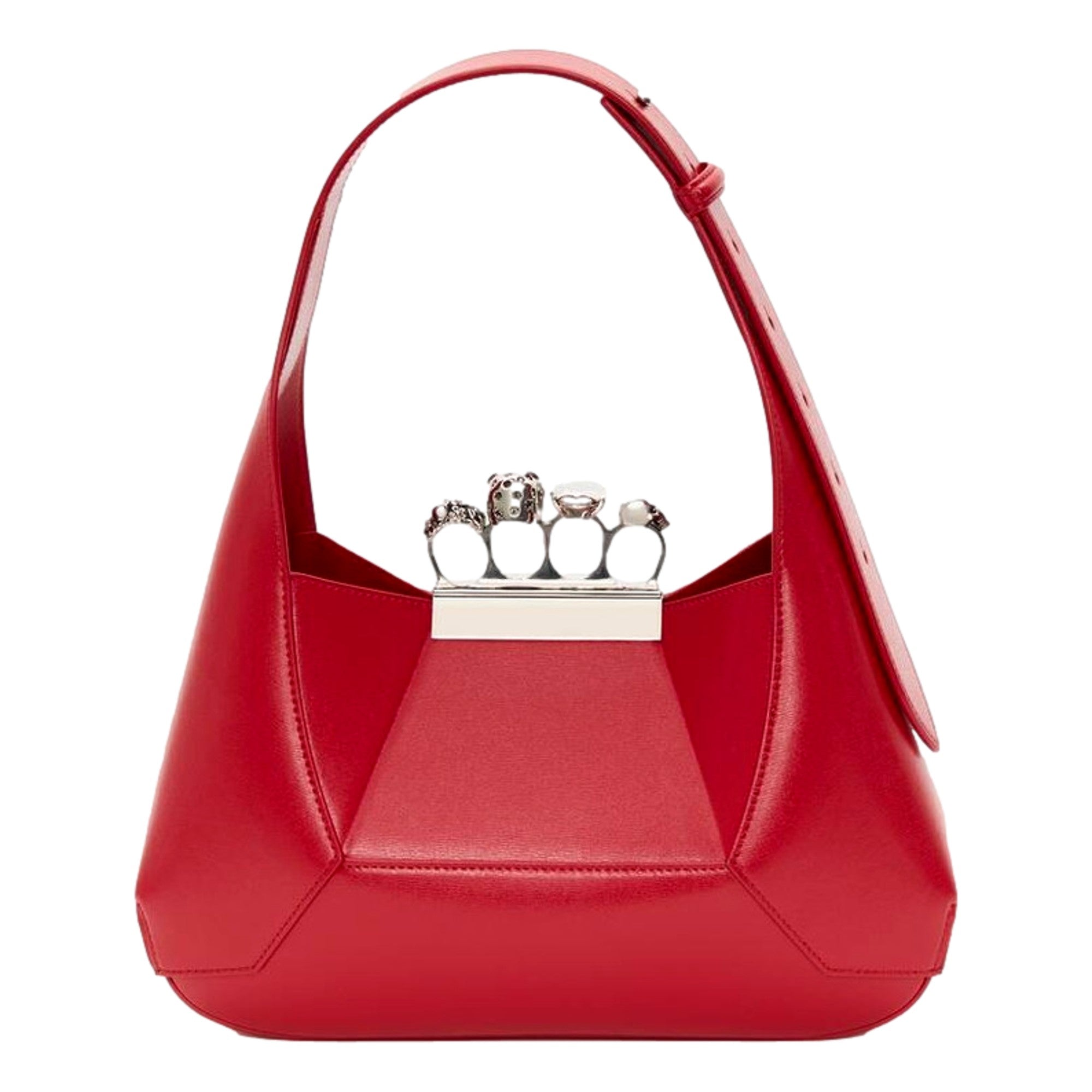 Alexander McQueen The Jewelled Hobo Bag in Red Leather with Silver Knuckle sold at Queen Bee of Beverly Hills