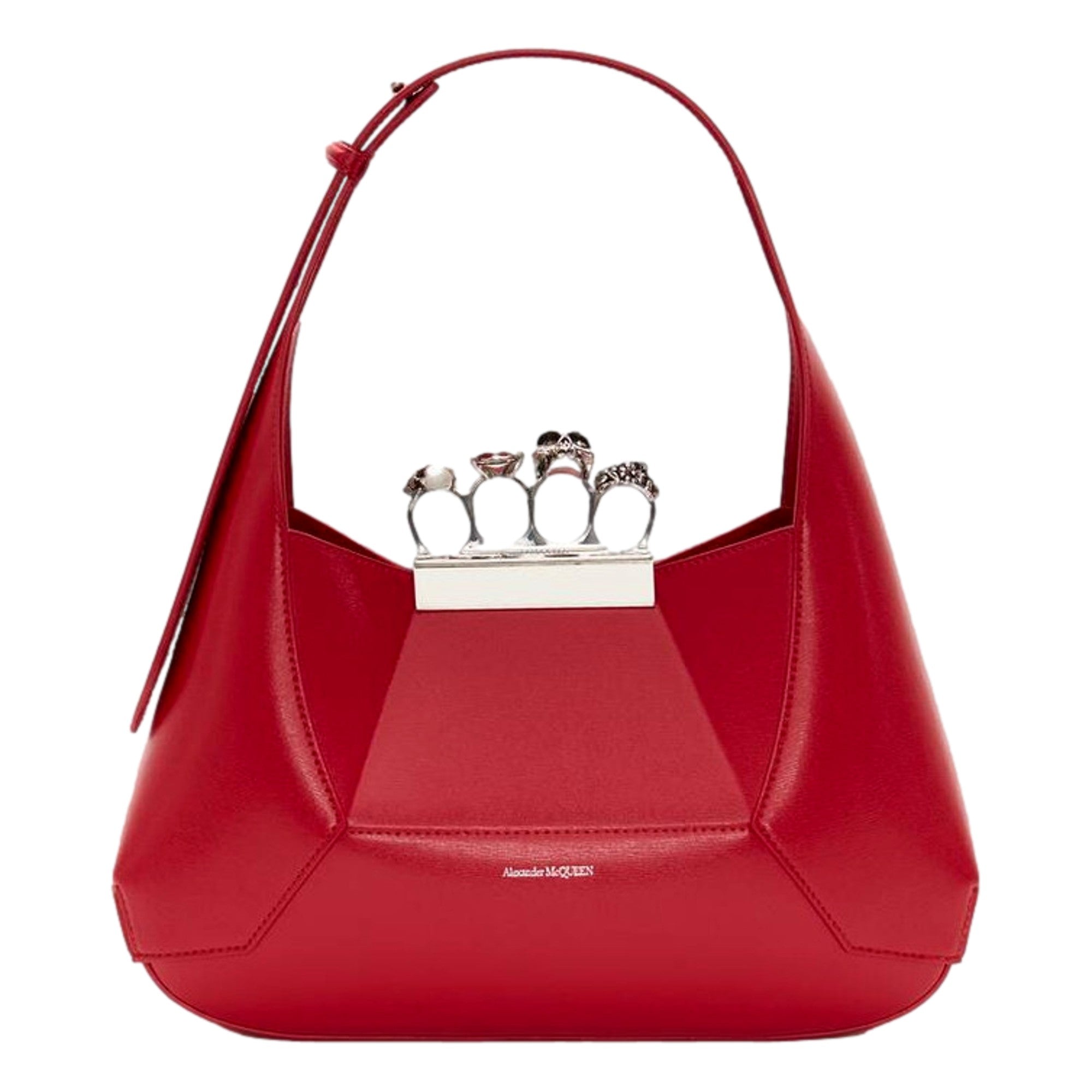 Alexander McQueen The Jewelled Hobo Bag in Red Leather with Silver Knuckle sold at Queen Bee of Beverly Hills