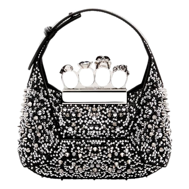 Alexander McQueen Crystal Jewelled Hobo Bag Black Skull Knuckle Handle