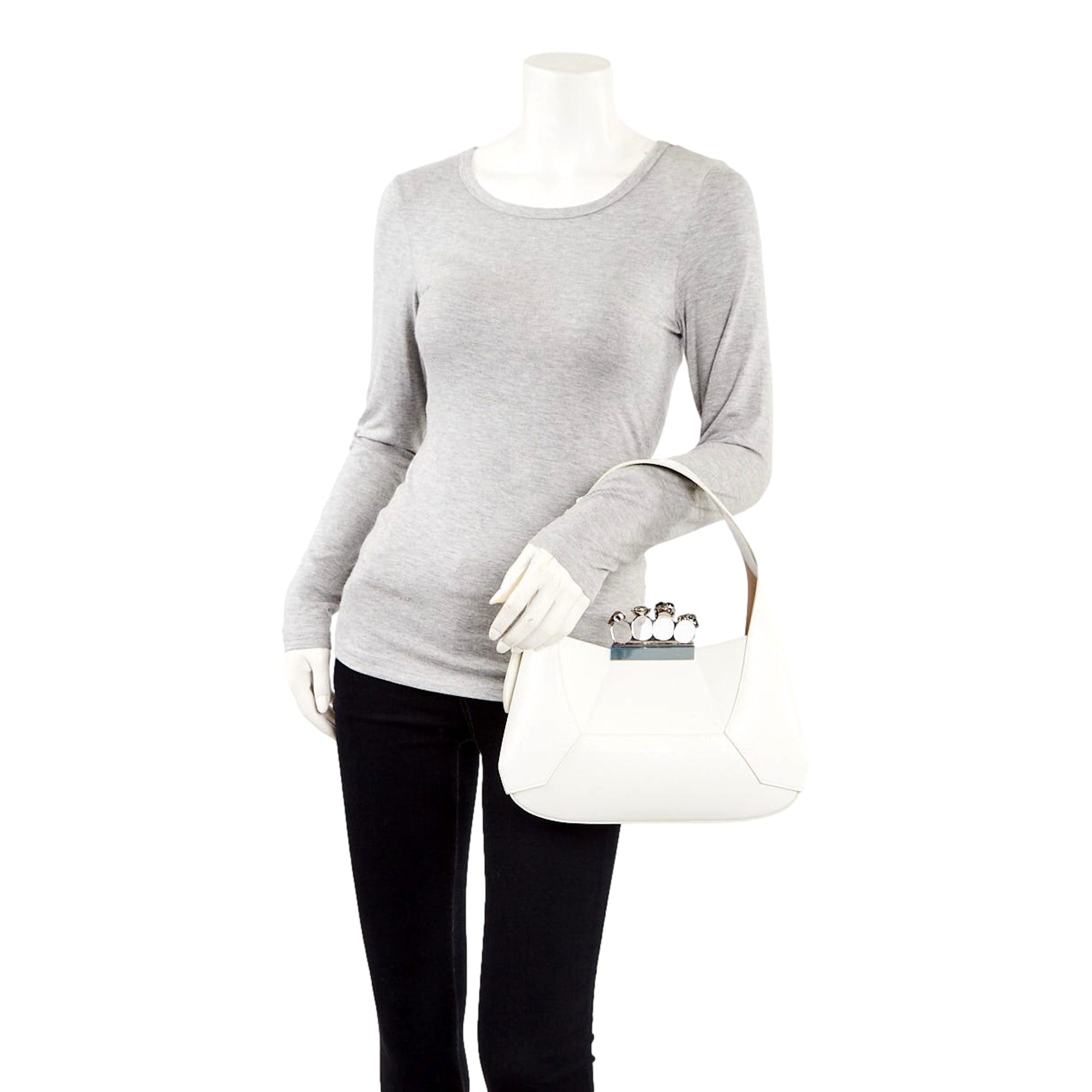 Alexander McQueen The Jewelled Hobo Bag in White Leather with Silver Knuckle