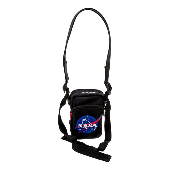Balenciaga Nasa Logo Phone Holder Crossbody Bag Black Recycled Nylon available at Queen Bee of Beverly Hills
