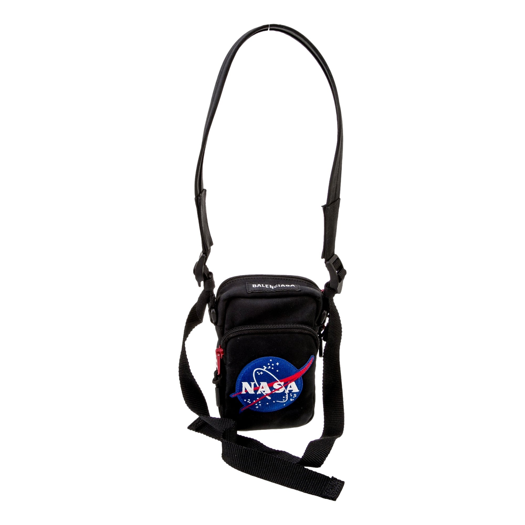 Balenciaga Nasa Logo Phone Holder Crossbody Bag Black Recycled Nylon available at Queen Bee of Beverly Hills