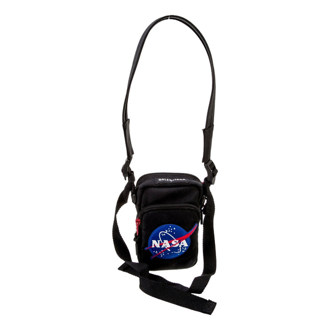 Balenciaga Nasa Logo Phone Holder Crossbody Bag Black Recycled Nylon available at Queen Bee of Beverly Hills