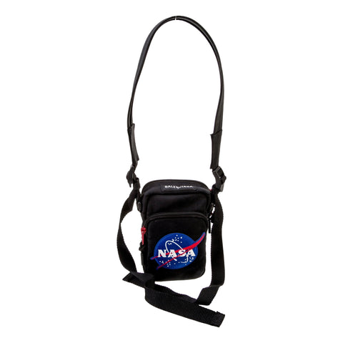 Balenciaga Nasa Logo Phone Holder Crossbody Bag Black Recycled Nylon available at Queen Bee of Beverly Hills