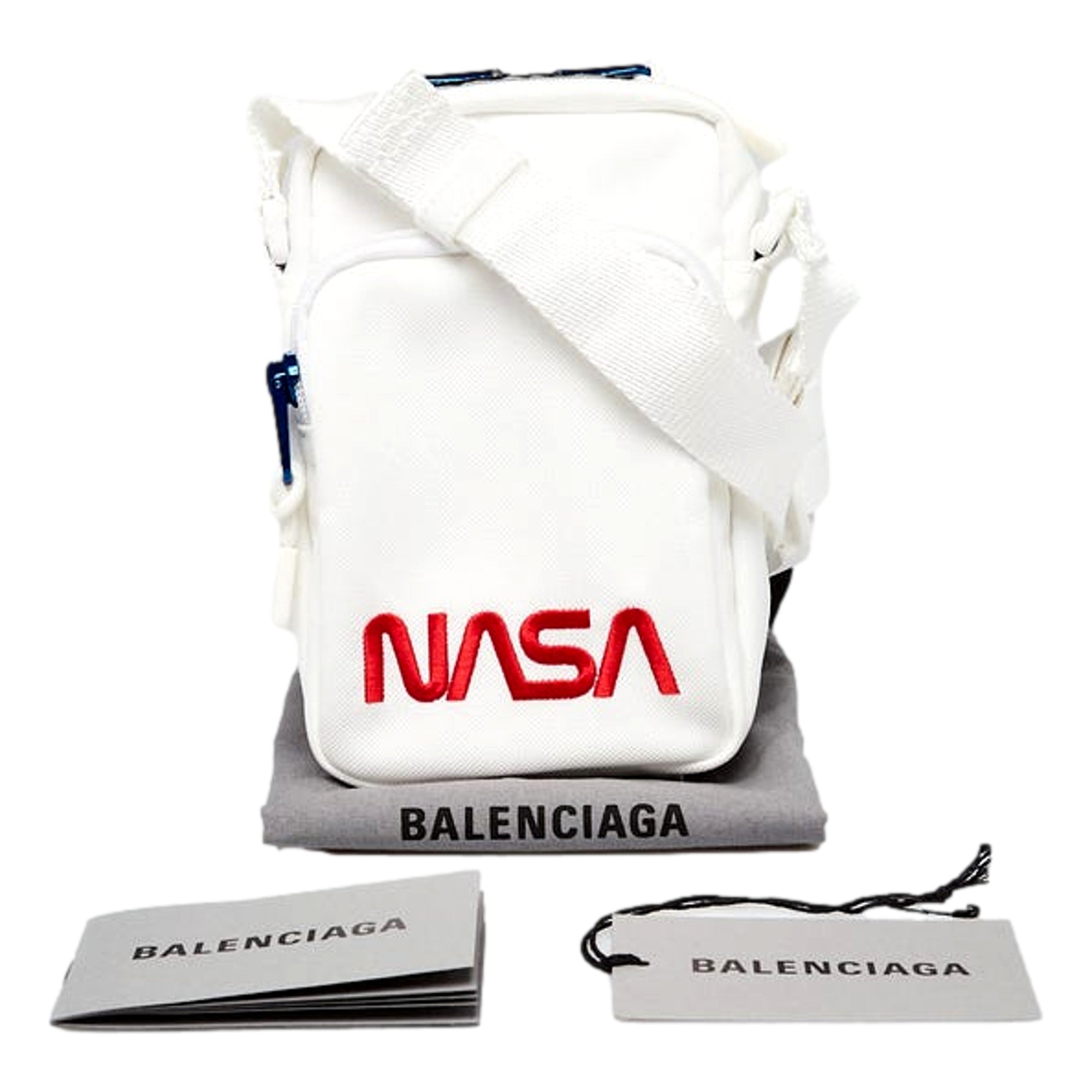 Balenciaga Nasa Logo Phone Holder Crossbody Bag White Recycled Nylon available at Queen Bee of Beverly Hills