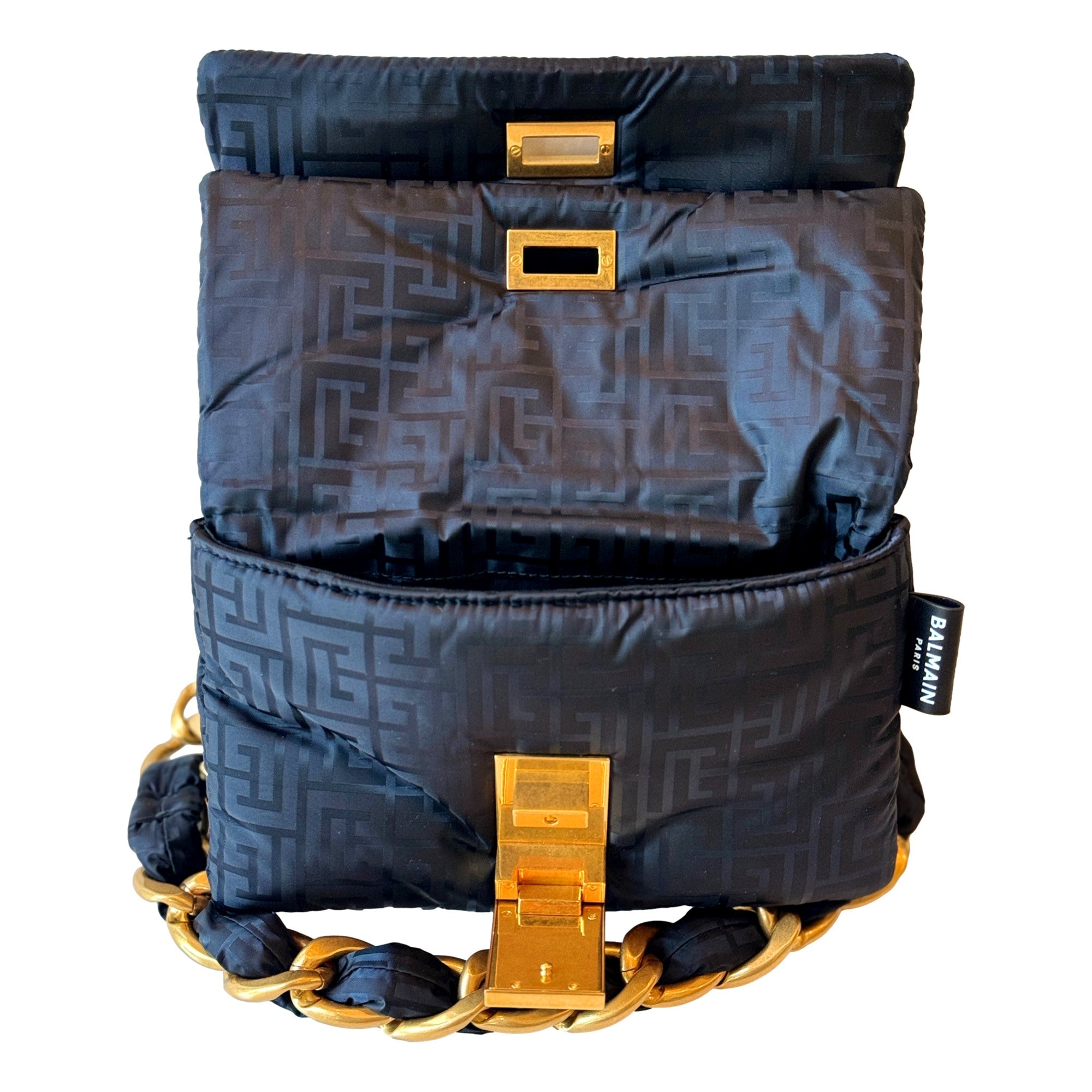 Balmain 1945 Nylon Monogram Flap Crossbody Shoulder Bag Black Small available at Queen Bee of Beverly Hills