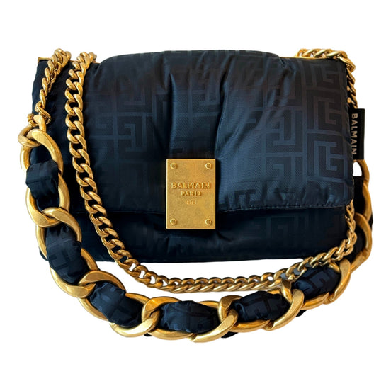 Balmain 1945 Nylon Monogram Flap Crossbody Shoulder Bag Black Small available at Queen Bee of Beverly Hills