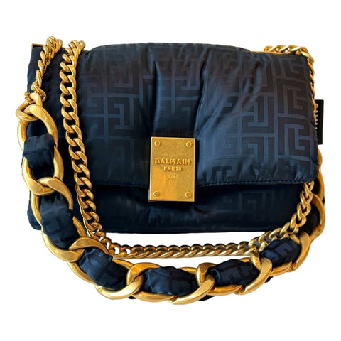 Balmain 1945 Nylon Monogram Flap Crossbody Shoulder Bag Black Small available at Queen Bee of Beverly Hills