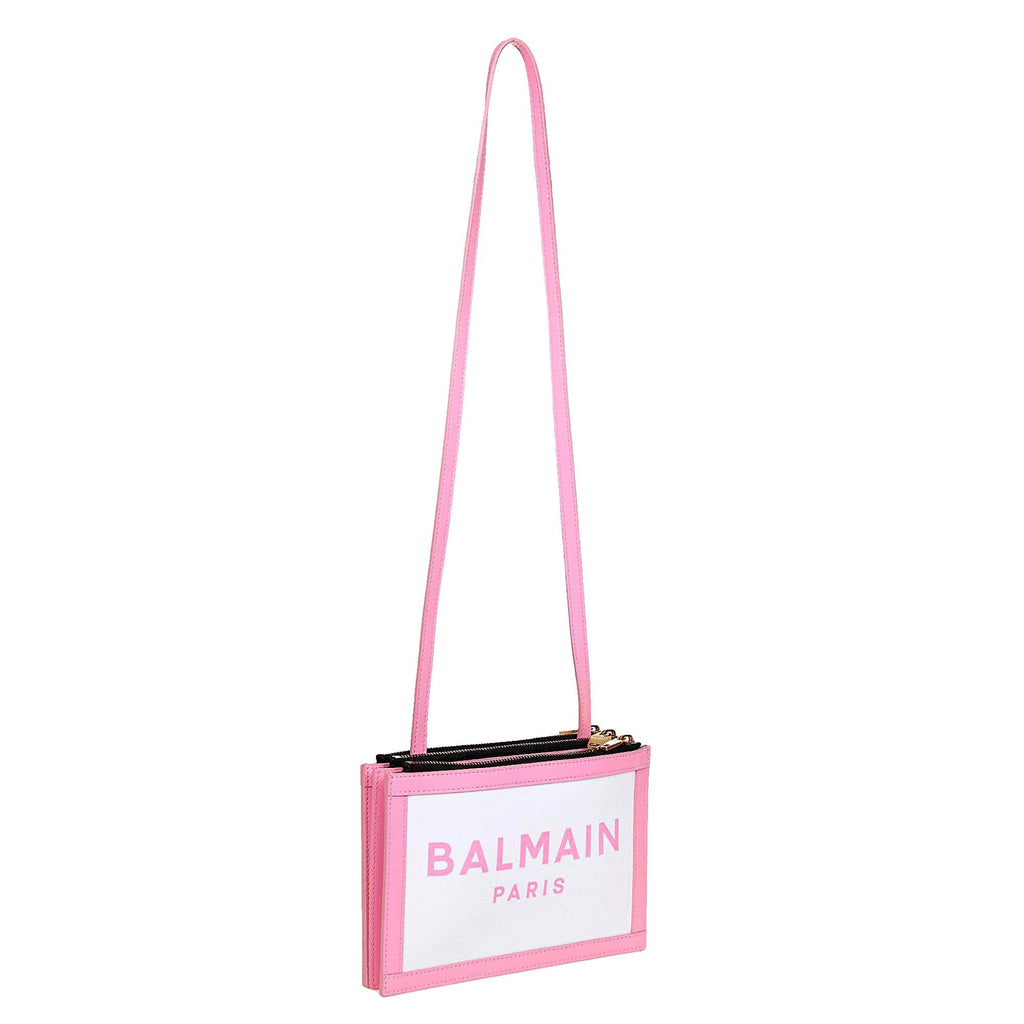 Balmain B-Army 26 Logo Canvas and Pink Leather Small Crossbody Bag at_Queen_Bee_of_Beverly_Hills