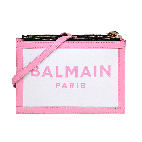 Balmain B-Army 26 Logo Canvas and Pink Leather Small Crossbody Bag at_Queen_Bee_of_Beverly_Hills