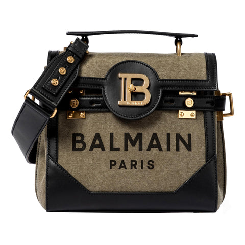 Balmain B-Buzz 23 Khaki Green Canvas Top Handle Satchel at_Queen_Bee_of_Beverly_Hills