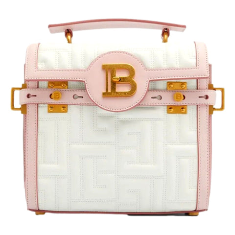 Balmain B-Buzz 23 Pink White Tote Crossbody Shoulder Bag Quilted Leather available at Queen Bee of Beverly Hills