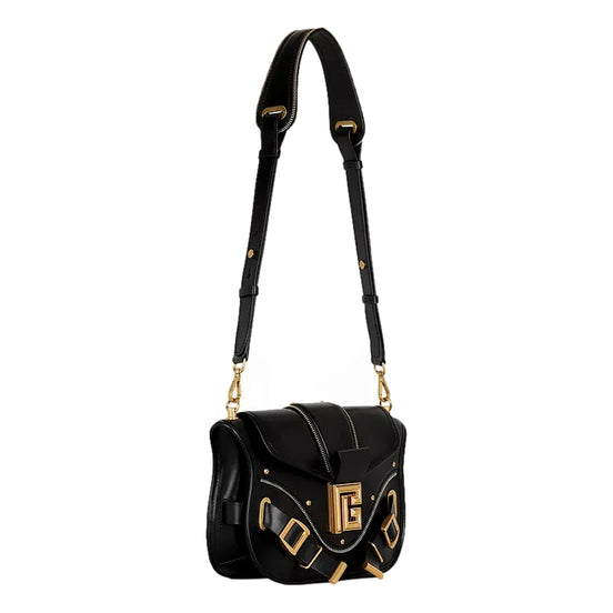 Balmain Blaze Black Smooth Calf Leather Medium Flap Shoulder Bag available at Queen Bee of Beverly Hills