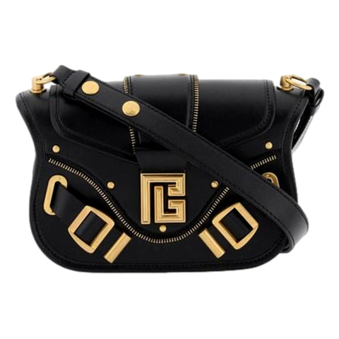 Balmain Blaze Black Smooth Calf Leather Medium Flap Shoulder Bag available at Queen Bee of Beverly Hills