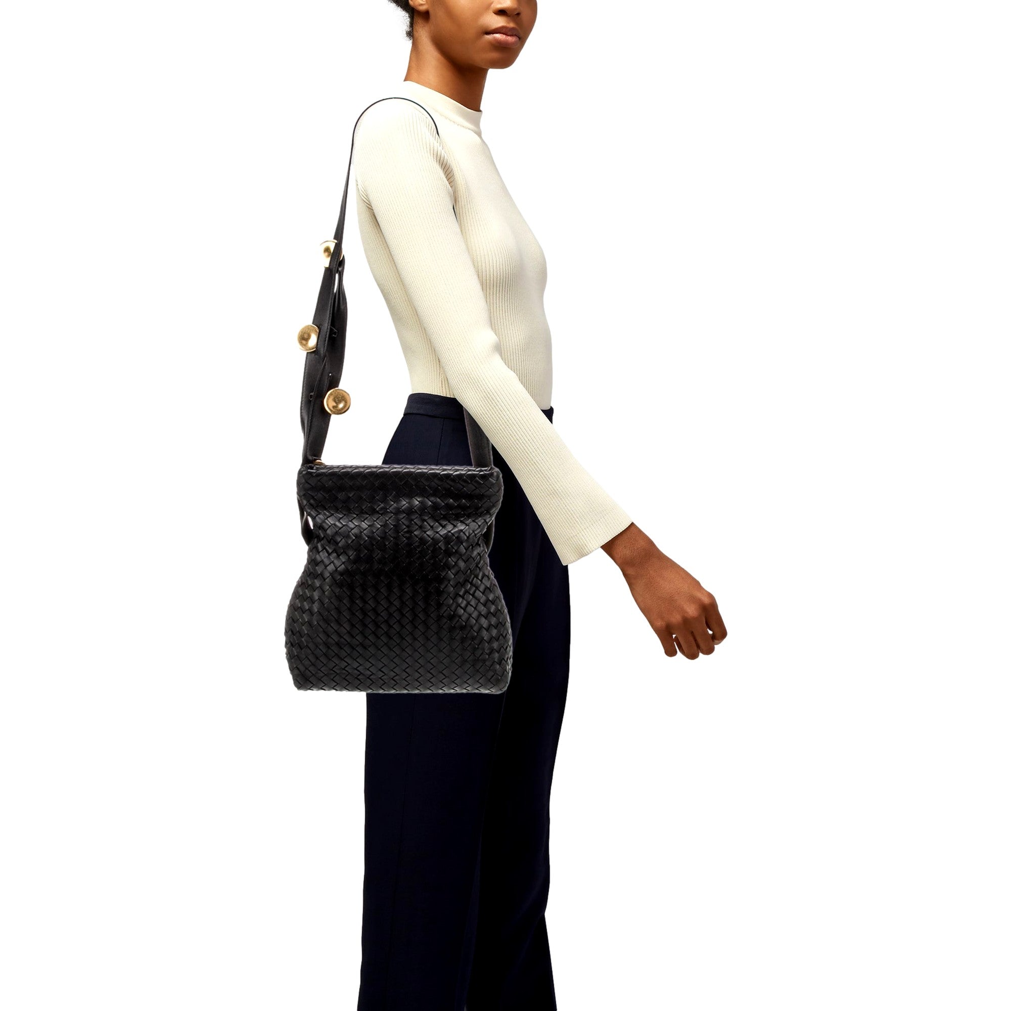 Bottega Veneta Intrecciato Olimpia Black Leather Fold Over Shoulder Bag available at Queen Bee of Beverly Hills