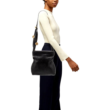 Bottega Veneta Intrecciato Olimpia Black Leather Fold Over Shoulder Bag available at Queen Bee of Beverly Hills