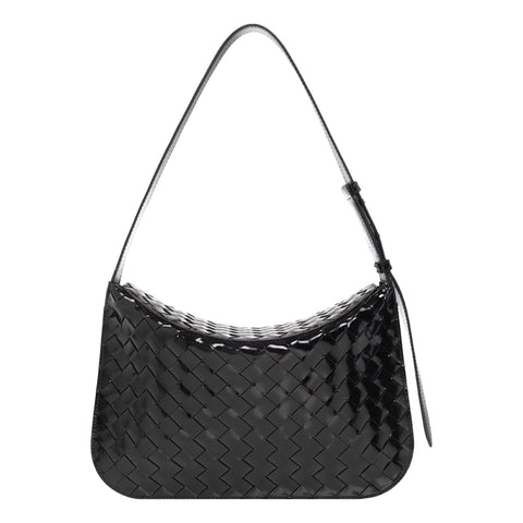 Bottega Veneta Intrecciato Patent Black Leather Flap Small Shoulder Bag at_Queen_Bee_of_Beverly_Hills