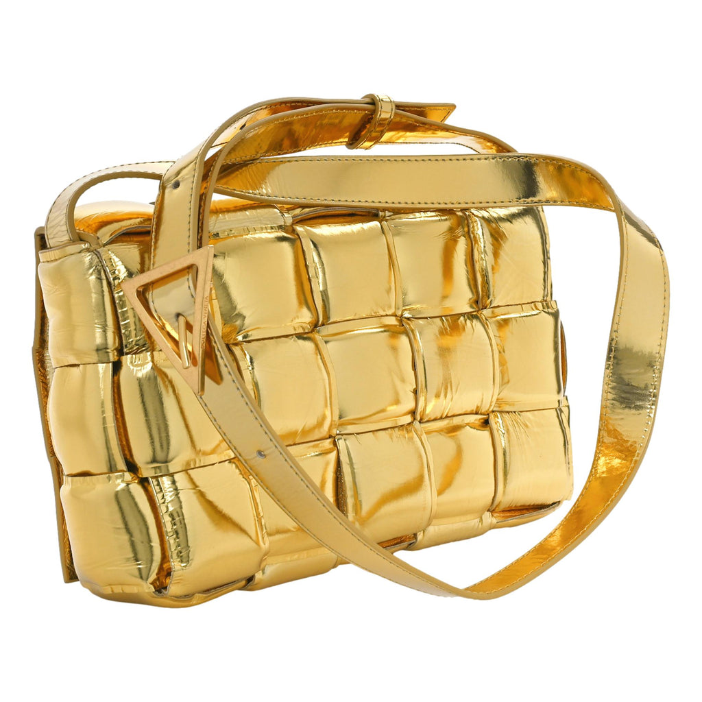 Bottega Veneta Padded Cassette Metallic Gold Lambskin Crossbody Bag at_Queen_Bee_of_Beverly_Hills