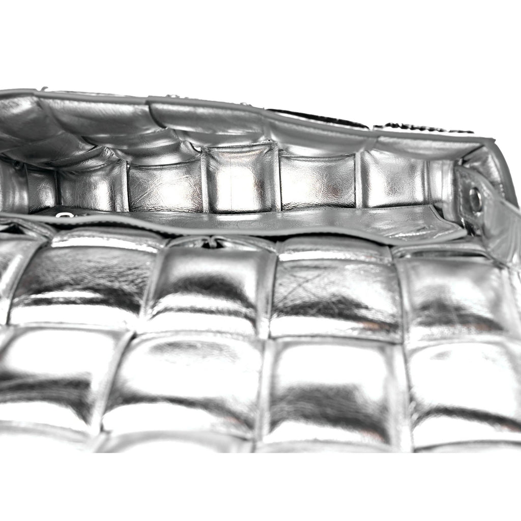 Bottega Veneta Padded Cassette Metallic Silver Lambskin Crossbody Bag at_Queen_Bee_of_Beverly_Hills