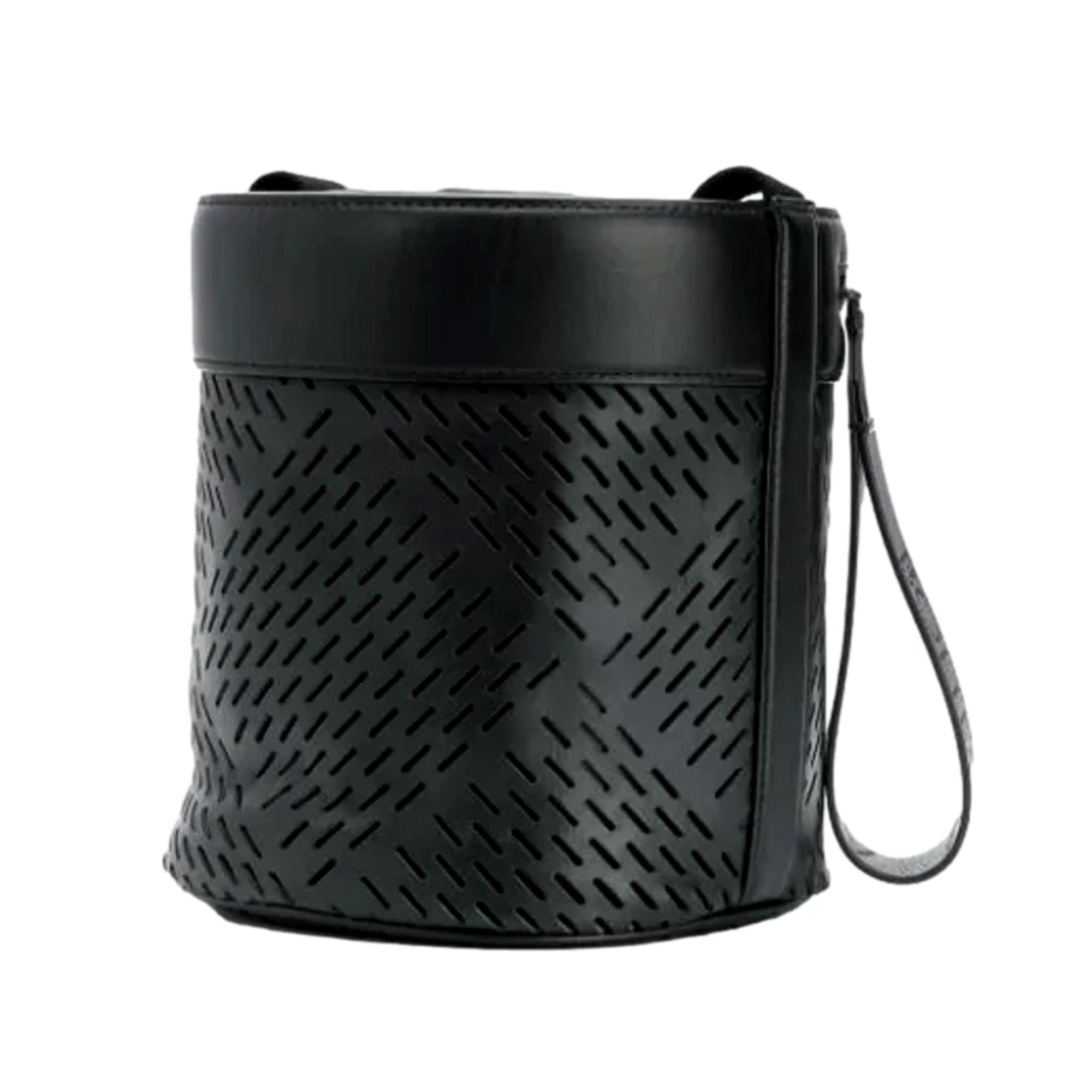Bottega Veneta Perforated Black Leather Drawstring Bucket Crossbody Bag available at Queen Bee of Beverly Hills