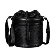 Bottega Veneta Perforated Black Leather Drawstring Bucket Crossbody Bag available at Queen Bee of Beverly Hills