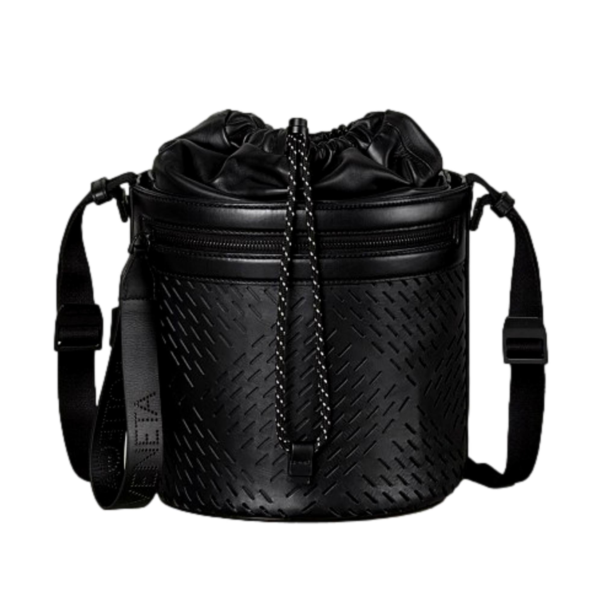 Bottega Veneta Perforated Black Leather Drawstring Bucket Crossbody Bag available at Queen Bee of Beverly Hills