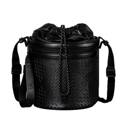 Bottega Veneta Perforated Black Leather Drawstring Bucket Crossbody Bag available at Queen Bee of Beverly Hills