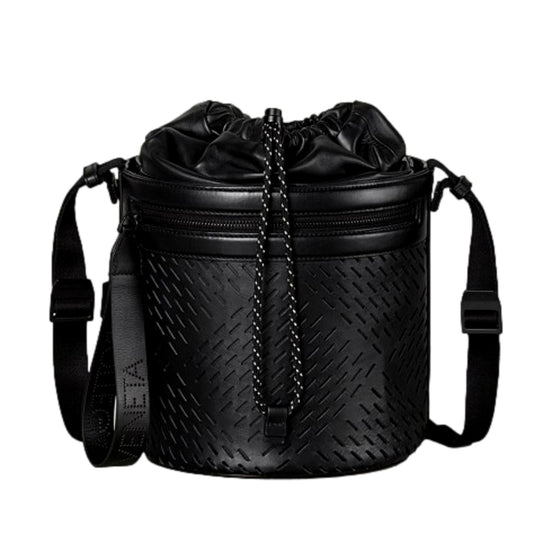 Bottega Veneta Perforated Black Leather Drawstring Bucket Crossbody Bag available at Queen Bee of Beverly Hills