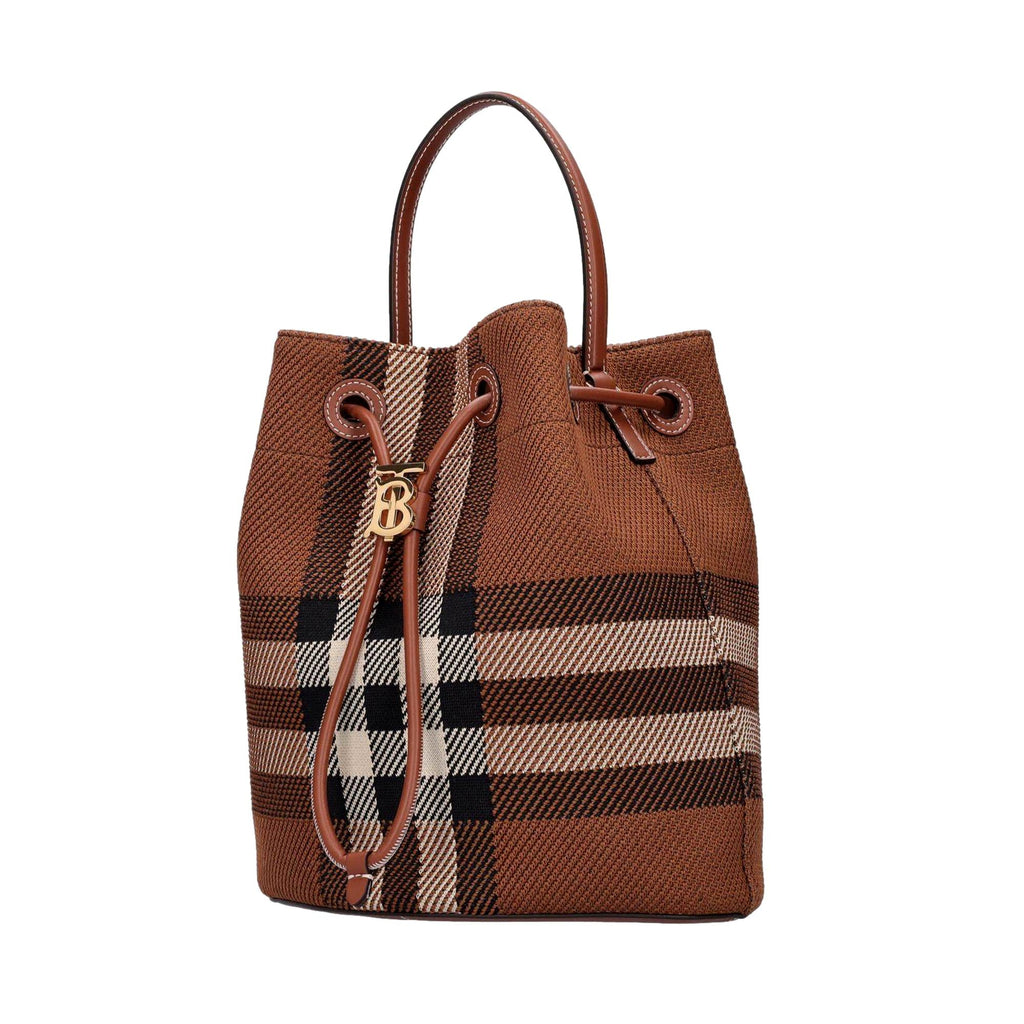 Burberry TB Dark Birch Knitted Check and Leather Small Drawstring Bucket Bag at_Queen_Bee_of_Beverly_Hills