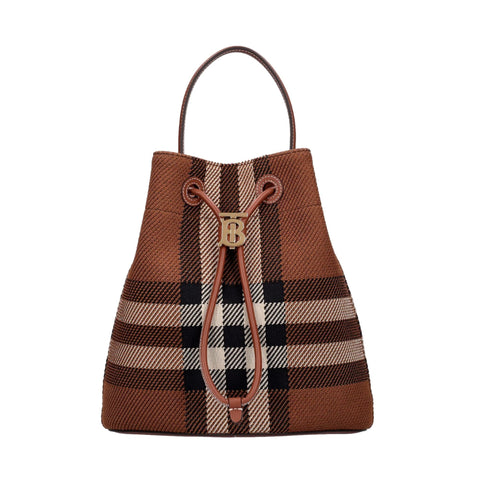 Burberry TB Dark Birch Knitted Check and Leather Small Drawstring Bucket Bag at_Queen_Bee_of_Beverly_Hills