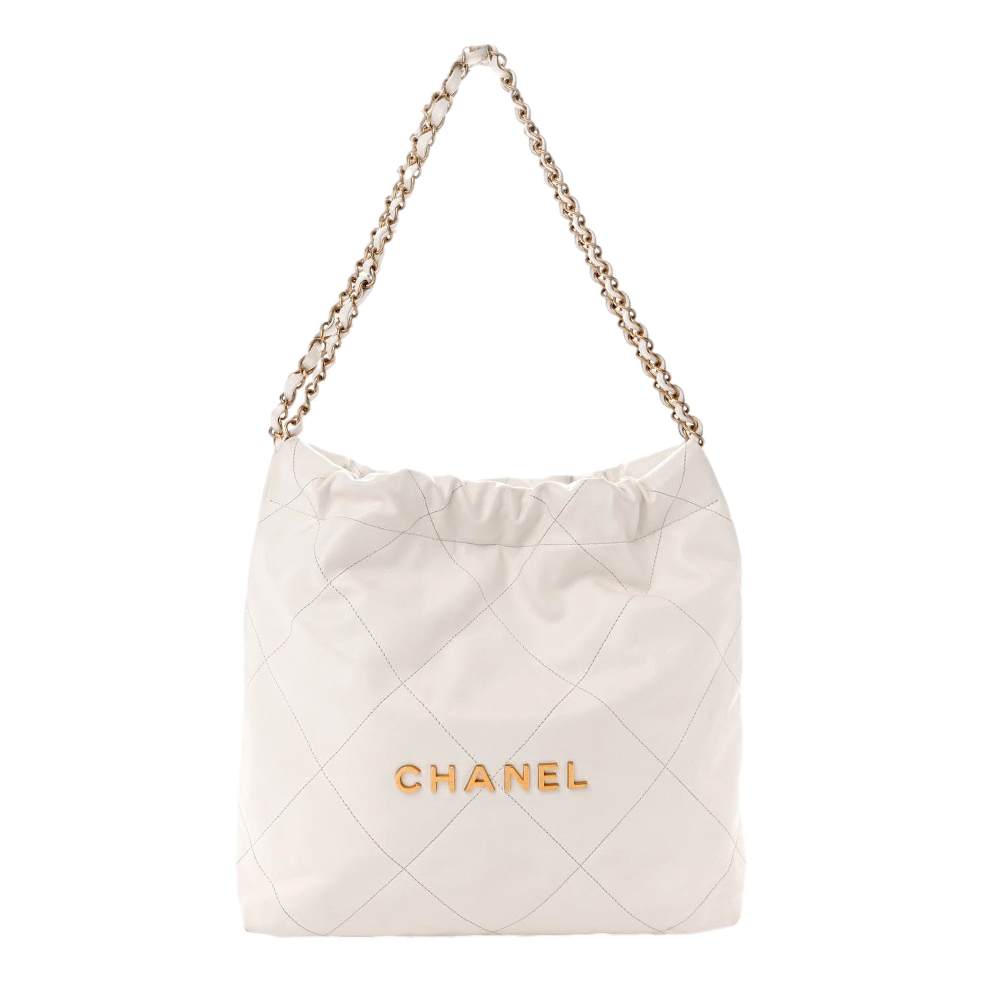 Chanel 22 Shiny Calfskin Quilted White Hobo Bag available at Queen Bee of Beverly Hills
