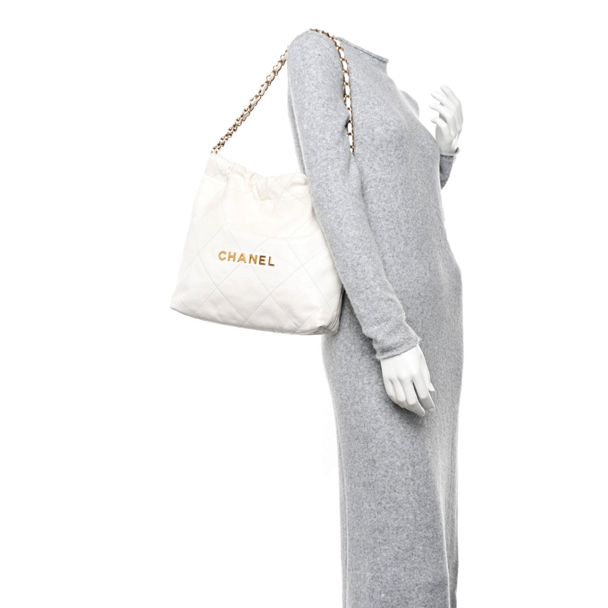 Chanel 22 Shiny Calfskin Quilted White Hobo Bag available at Queen Bee of Beverly Hills